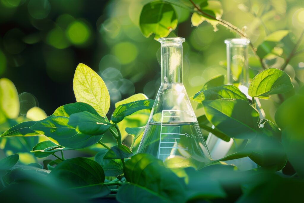 Beaker with biomass leaves illustrating the use of high-purity hydrocarbon solvents in the extraction process