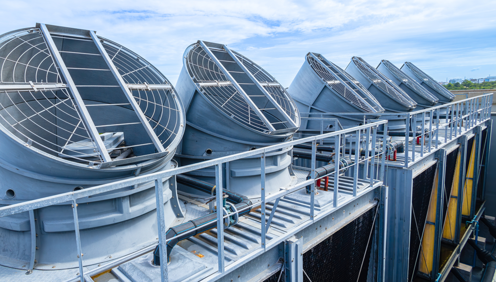 Industrial cooling equipment with large fans, illustrating commercial refrigeration systems.