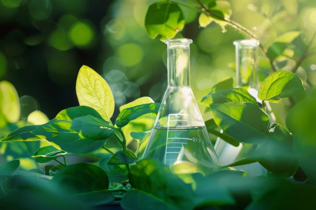 Beaker with biomass leaves illustrating the use of high-purity hydrocarbon solvents in the extraction process